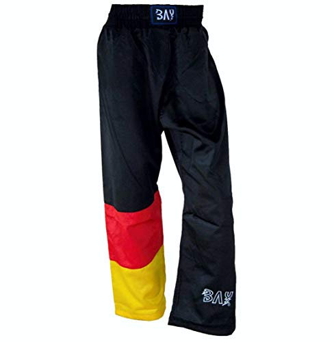 BAY® Germany Kickboxhose, Größe M, Thaiboxhose lang, Hose Kickboxen Kick-Boxen Thaiboxen Muay Thai, Satin, schwarz, rot Gold gelb, BRD Deutschland Nationalfarben