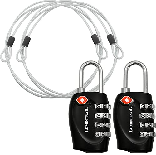 Lumintrail 2 serrature approvate dalla TSA, a combinazione a 4 cifre, approvate dalla TSA, serrature da viaggio per bagagli e valigie con cavo in acciaio da 1,2 m, colore: nero