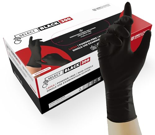 UNIGLOVES SELECT BLACK 300 Latexhandschuhe Größe XL | Puderfrei & lebensmittelecht, Schwarze Einweghandschuhe zum Kochen, Tätowieren uvm, extra lang, 100 Stück, Einmalhandschuh L