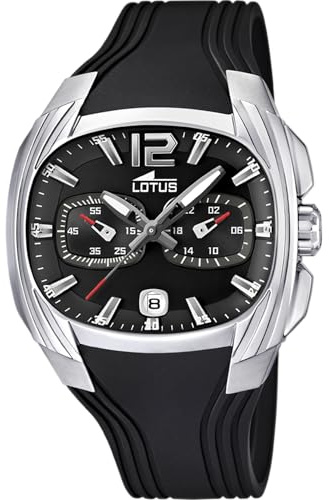 LOTUS Montre Homme Analogique en Caoutchouc Noir | Mouvement à Quartz, Chronographe, Calendrier, Verre Minéral Haute Résistance, Étanche 5 ATM 15756/1