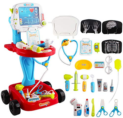 deAO Arztwagen Arztkoffer Kinder mit Ton & Licht, Doktor Spielset mit Stethoskop, Thermometer, Spritze, Arzt Set zum Rollenspiel Doktor Medical Trolley Spielzeug Viel Zubehör Geschenke für Kinder