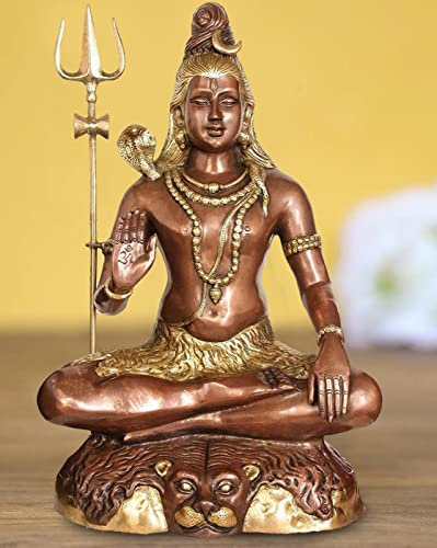 Artvarko Große Shiva-Idol-Statue aus Messing, Mahakala Shiv Murti in Meditations-Pose, Gott der Dreifaltigkeit, großer Shiva, sitzend, Kupfer & Gold-Finish, Höhe 55,9 cm