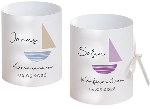 Tischdeko personalisiert | Kommunion, Konfirmation, Taufe, Firmung | 8 x Lichthülle Motiv Boot| Farbauswahl lila violett, blau sand