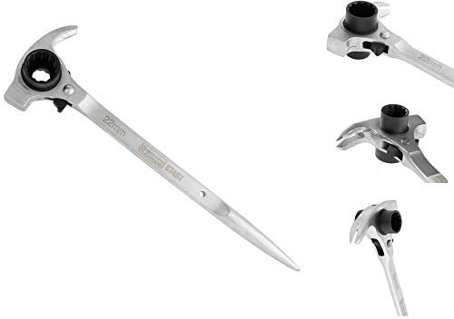 RICHMANN Clé à échafaudage 4 en 1 (19/22 mm) - Marteau + arrache-clous + poinçon conique & cliquet réversible - Cliquet d'échafaudage 12 points - Acier au chrome-vanadium (Cr-V) - avec 72 dents
