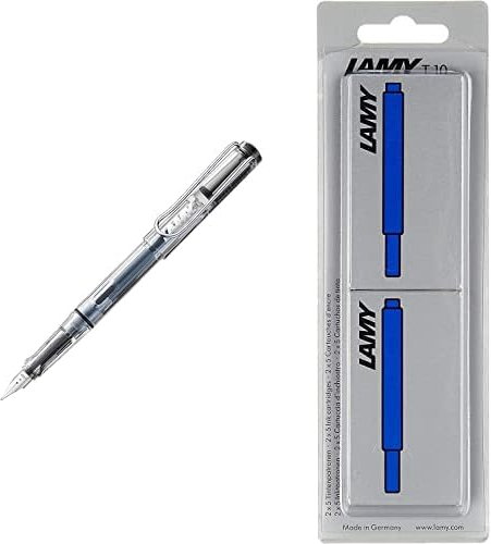 Lamy vista Füllhalter 012 – Beliebter Jugendfüller in einer Klarsicht-Variante – Federstärke M & T10 Tintenpatrone 2er Set - Großraumpatronen in der Farbe blau - Im Blister