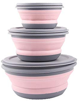luckycyc Folding Bowl Set, 3pcs Portable Silicone Collapsible Travel Bowls with Lid, 3 Sizes: Small (12*6cm), Medium (15*7.7cm), Large (19*8.5cm), Food Grade Silicone, Dishwasher Safe