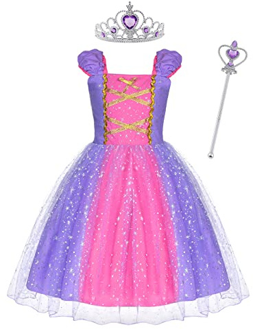 ACWOO Rapunzel prinsessklänning, prinsessa, rapunzel, festklänning, kostym med stav och krona, prinsessklänning, cosplay, kostym för barnflickor, fest, fin utklädnad för halloween, jul,