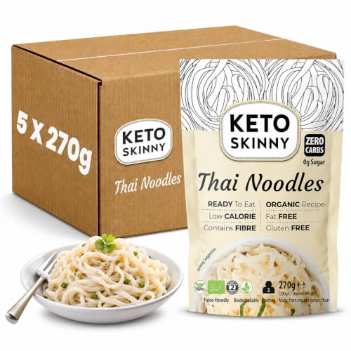 Keto Skinny Shirataki Konjac Thai Noodles 270g (Pack of 5)- Organic Konjac Flour, Zero Sugar, Low Carb, Low Calorie, Fibre & Protein, Gluten Free, Vegan, Keto Friendly, Ready to Eat Noodle Alternative