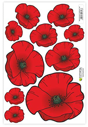 Mohnblumen Aufkleber Set- für Auto, Fahrzeuge, Roller, Moped, Motorrad-Helm, Fahrrad, Laptop, Smartphone - Kühlschrank, Möbel, Mülltonne (Rot)