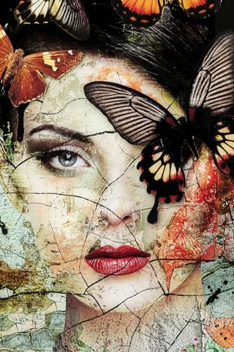 Kare Design Glasbild Lady Butterfly, Wandbild, Glasbild, Wandschmuck, Wanddeko, Schmetterlingsfrau Motiv, Abstrakt, Modern, Wohnzimmer, Schlafzimmer, Flur, 150x100x0,4cm, blau
