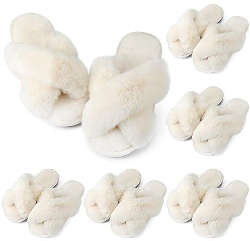 Toulite 6 Pairs Bridesmaid Slippers, White Fuzzy Slippers, Cross Style