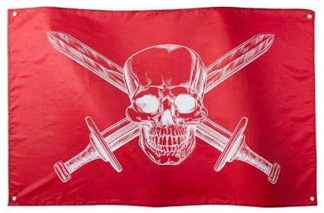 Runesol Drapeau Pirate Rouge, 91x52cm, 3ft x 5ft, Drapeau Pirate, Drapeaux Anniversaire Pirate, Drapeau Tête de Mort, Drapeaux Halloween Effrayant, Gothique, Intérieur, Extérieur, Couleurs vives