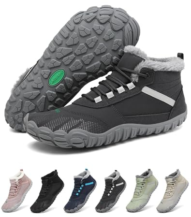 SAGUARO Vinterbarfotaskor unisex – varmt fodrad, bred tålåda, Zero-dropsula för vinterpromenader och lätta vandringar, storlek 36–48, GRÅ, 45 EU