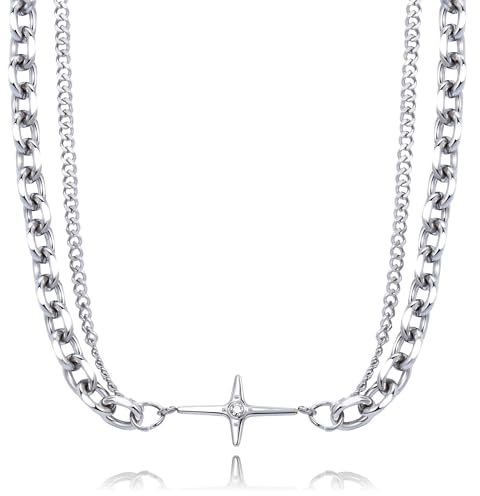 CyxenNova Kette Herren Halskette Herren Königskette Silberkette Herren, Stern Edelstahl Kreuzkette Panzerkette für Männer, Schmuck Herren Geschenke Two Layer Necklace