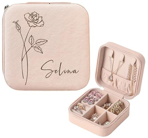 Personalised Jewellery Box Gifts for Women Travel Jewellery Box Birth Flower Leather Jewellery Organiser for Birthday Wedding Custom Gifts for Christmas Her Daughter Bridesmaid (Baby Pink, Design 1)
