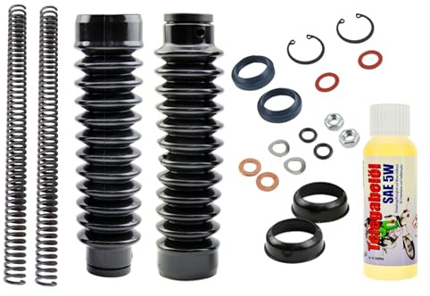 Telegabel Reparaturset mit 2x Faltenbalg 2x Druckfeder extra verstärkt 3,5mm, Öl, Abdeckkappe für Simson S50 S51 S70 S53 S83, 21-teilig