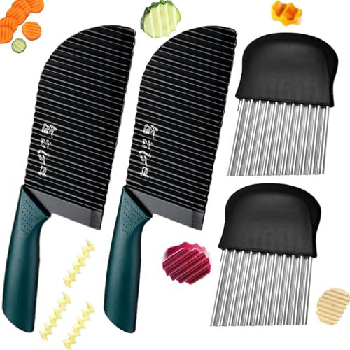 Minging Trancheuse à Frites Couteau à Vagues, 4 Pièces Coupe-légumes ondulé Coupe Frites CouteauàPomme de Terre Trancheuse à Frites Cutter De Pommes De Terre Onduleux Coupe Frites en Acier Inoxydable