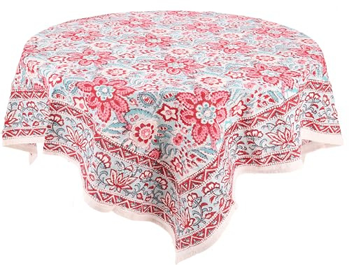 GURU SHOP Tischdecke Quadratisch, Handarbeit, Blockdruck Tischtuch - Rot/aqua, Baumwolle, 107x107x0,3 cm, Tischläufer, Tischdecken