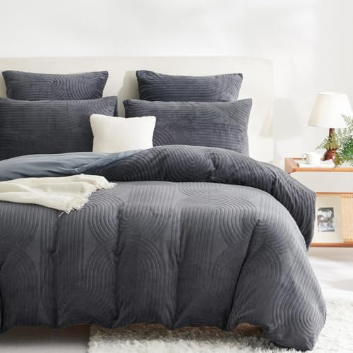 Tospass Plüsch Bettwäsche 200x200cm Grau Jacquard Flanell Samt Biber Bettbezug Warme Cashmere Touch Flauschig Deckenbezug Coral Fleece Winterbettwäsche mit Reißverschluss und 2 Kissenbezug 80x80cm