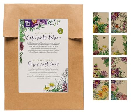Magic Garden Seeds - Flores - 40 bolsas de papel planas de colores con 8 diseños diferentes - Bolsa de regalo - pequeña/mini de papel kraft impreso