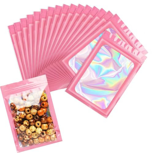 50 PCS Cellophane Bags, Black Plastic Bags, 9x12cm Grip Foil Ziplock bags, Resealable Storage Pouches, Sweet & Cookie & Plastic Bag, Perfect for Kitchen Storage, Jewellery and Sweets (Pink)