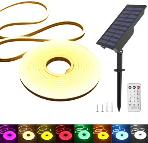 KISUFU Solar Energy Neon LED Ribbon, 24V Neon LED Strip Light IP65 Waterproof Silicone with 1.5w Solar Rechargeable Wall Mount USB Controller for Garden, Outdoor Yard Party Decoration