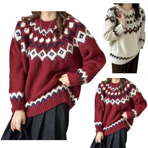 Bastwahl Norweger Pullover Damen original, Grobstrick Casual Sweater Elegant Pullover Oversized Langarm Sweatshirt Lose Oberteile Warm Einfarbig Wollpullover Strickpullover Lässiges Stricken Pulli