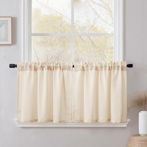 CUCRAF Cortina de Cocina de Lino Semitransparente, con Bolsillo para Varilla, Beige Paquete de 2 Unidades 90An x 45Al cm, Aptas para Cocina Comedor Baño y Pequeñas Ventanas