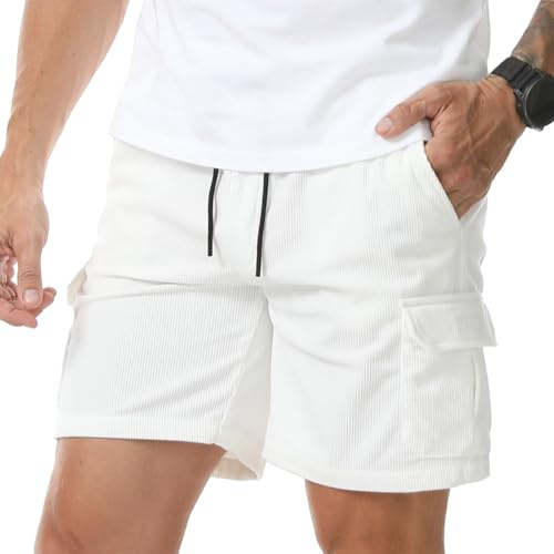 Suwangi Herr manchestershorts lediga korta byxor cargoshorts och bermudashorts sommar med 4 fickor, Vitt och blått, XL