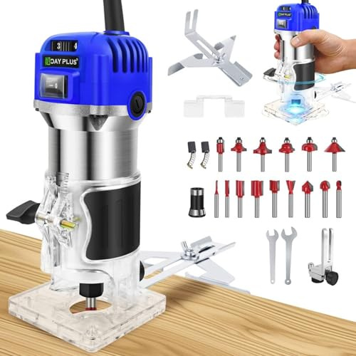 800W Electric Palm Router Tool, 4000-30000 RPM, 6 Variable Speed, Woodworking Hand Router with Trimmer Transparent Base, 15Pcs 1/4(6.35mm) Bits Set and Straight Guide, Blue