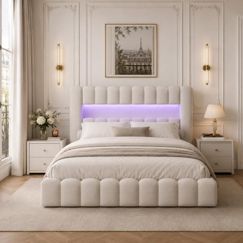 DULRLLY Polsterbett Bubble Bett 140x200 mit Stauraum, USB-Ladefunktion ＆LED-Beleuchtung, Hydraulisches Stauraumbett Bettgestell mit Lattenrost, Doppelbett mit Bettkasten, Leinen,Ohne Matratze