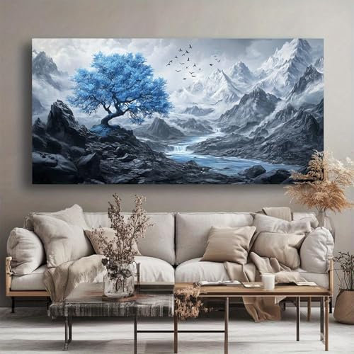 WUDUM Quadro su tela dipinto a mano con albero della vita blu, paesaggio montano, opera d'arte moderna astratta, pronto da appendere, decorazione da parete, 75x150 cm (30x59 pollici) con cornice