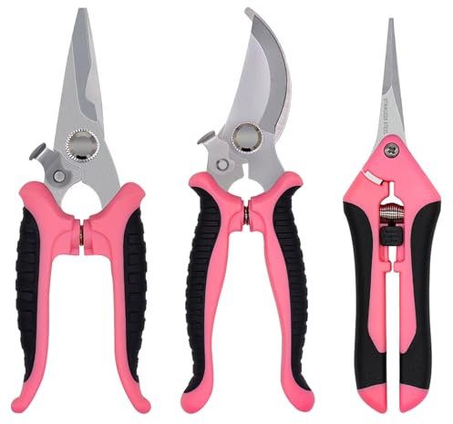 Set di 3 cesoie da giardino professionali, in acciaio inox per rose, rami, siepi, frutta, verdura, bonsai, attrezzi da giardinaggio (rosa)
