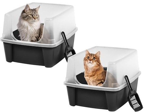 IRIS USA High Sided Cat Litter Box, Scatter Shield, Large, Black 2 Pack | Active Cats, Tall Wall Protection, Kick-Proof Sides, Extra Deep Pan, Easy Daily Scoop, Keeps Floor Clean