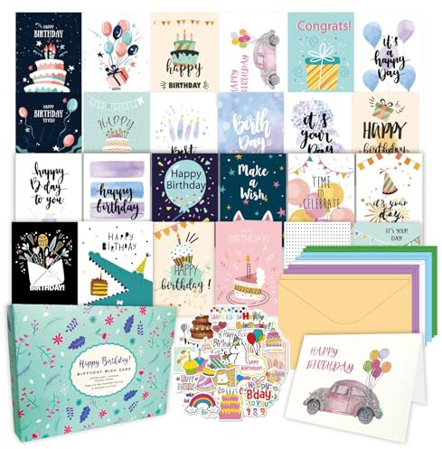 JasCherry 50 Geburtstagskarten Set, Glückwunschkarte, Postkarte zum Geburtstag, Karte für andere Anlässe, mit 50 Umschlägen und Eine Packung Aufklebern - ideal als Grußkarte für Männer und Frauen