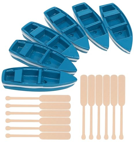 Modèle de Petite Embarcation Bleue en Bois, Lot de 6 Pièces, Réaliste | Décoration de Table Thème Nautique, Décoration Intérieure, Voilier Océanique avec Rames