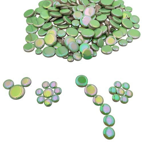 500 g schillernde runde Keramik-Mosaikfliesen, gemischte 4 Größen, Kreis-Mosaikstücke für Blumentöpfe, Vasen, Tassen, Garten und Heimdekoration, Heimwerkerzubehör (grün)