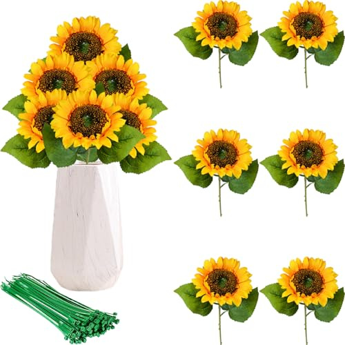 ZenyTra 6 Stück Künstliche Sonnenblumen mit 10 Bindfäden, 46cm Große Sonnenblumen Deko mit 10cm Blütendurchmesser, Realistische Gelbe Kunstblumen für Hochzeitsdeko, Tischdekoration, Party