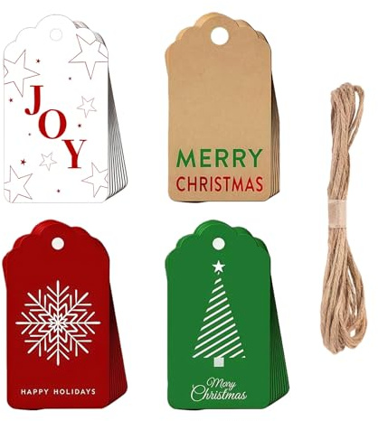 Xanthelle Geschenkanhänger Weihnachten, 48 Stück Weihnachtsanhänger für Geschenke, Papieranhänger mit String, Frohe Weihnachten Anhänger, Geschenk Tags