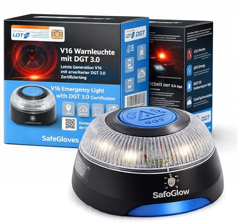Safeglow Luce di emergenza V16 DGT – Triangolo di avvertimento – Triangolo di emergenza obbligatorio a partire dal 2026 Spagna – per auto e moto a motore (V16 Light con SIM - DGT 3.0)