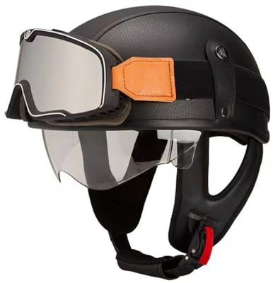 Retrò Caschi Cromwell Motociclista Elmetto Scodella Pelle ECEDOT Omologato Caschi Jet E Demi-Jet Casco Mezzo Retrò Moto Aperto Casco Con Visiera Per Adulti Uomini Donne E,M:57-58CM