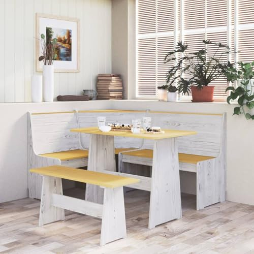 Gecheer 3-TLG. Eckbankgruppe Reine Honigbraun Weiß Massivholz Kiefer, Hockerbank Parkbank Gartenbank Sitzbank für Outdoor Garten Park Balkon3096570