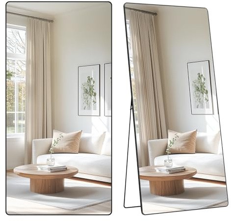 SONGMICS Ganzkörperspiegel, 218 x 102 cm, rechteckiger Standspiegel | Rahmen aus Aluminiumlegierung, Hartglas, für Schlafzimmer, Wohnzimmer, Garderobe, Mattschwarz, BERIT Kollektion LFM064BD01