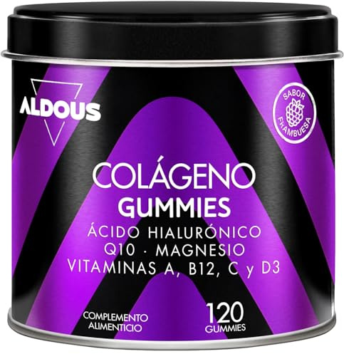 Colageno con Magnesio y Acido Hialuronico - 120 Gominolas - Con Q10 y Vitamina C, B12, D3, A - Colágeno Hidrolizado Puro para las Articulaciones Fuertes, Piel Tersa y Energía - ALDOUS Colageno