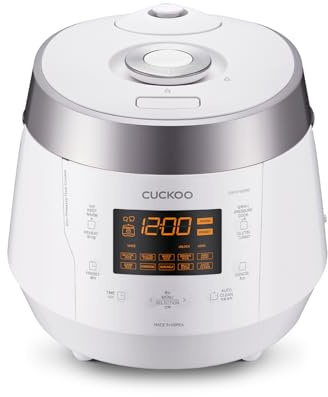 CUCKOO High Pressure Rice Cooker 10-Cup Uncooked / 20-Cup Cooked with Nonstick Inner Pot, Large Rice Maker with 13 Menu Options and Steam Plate, Fuzzy Logic Tech, Voice Guide, White (CRP-P1009SW)