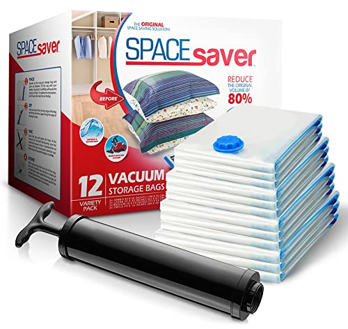 Spacesaver Variety Vacuum Storage Bags for Comforters, Blankets & Clothes – Sealed Compression Bags with Hand Pump – Space Saver Bags for Bedding,Travel & Organization - 3S, 3M, 3L & 3XL - Pack of 12