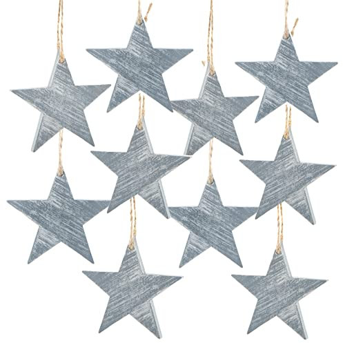 Anhänger Sterne, 10 Stück: Kleine Weihnachtsanhänger Stern, Geschenkanhänger Holz Weihnachten, Holzanhänger Geschenke, Tannenbaum & Zweige, Christbaumschmuck, Weihnachtsdeko Grau, 7 cm