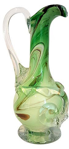 Oberstdorfer Glashütte Gruene Vase Blumenkrug mit Henkel farbige Glaskaraffe Zierkanne grün beige Weiss marmoriert dekorativer Kristallglaskrug mundgeblasen Höhe ca. 29 cm