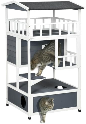 PawHut Katzenhaus aus Holz, Winterfest wasserdicht Katzenhütte mit Dach, Katzenhöhle, 4 Etagen Katzenvilla mit Terrasse und Treppe für Draußen Garten Balkon, 75,5 x 75 x 137 cm, Grau