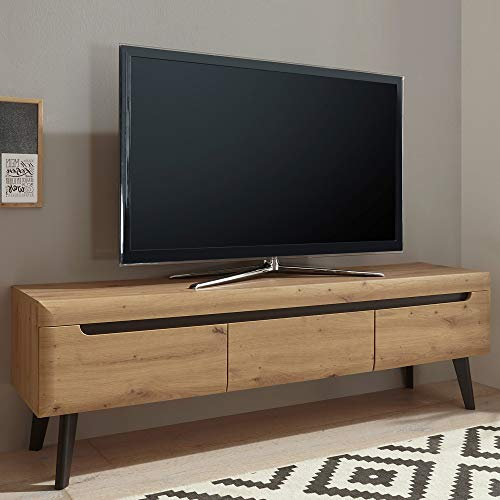 Lomadox TV Lowboard 160cm Eiche Artisan mit Schwarz, 3 Vollauszug-Schubkästen, B/H/T: 160/50/40cm